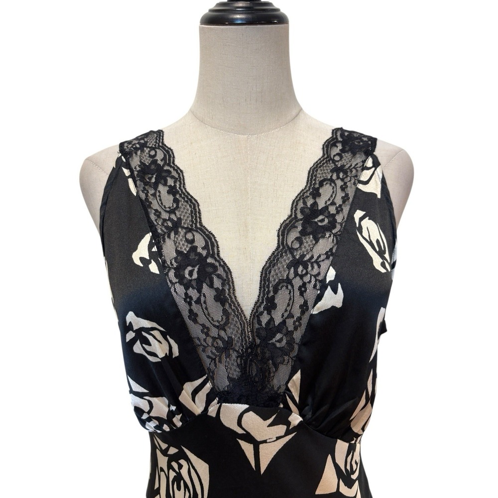 Topshop Black Satin Slip Dress Lace Rose Print Sz 8 Dark Coquette Whimsigoth - Picture 5 of 11